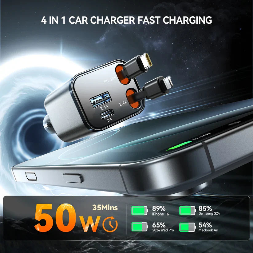 Joyroom 30W 4-in-1 Retractable Cable Car Charger – Black