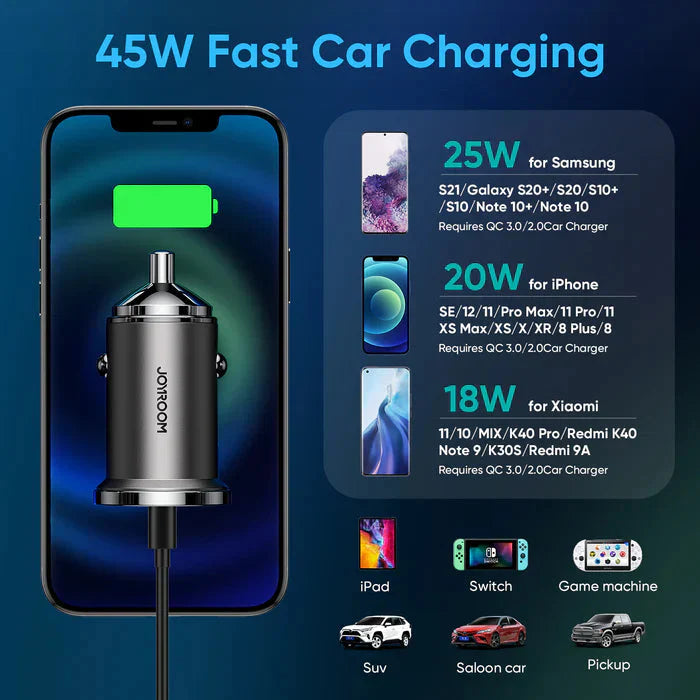 Joyroom 45W Mini 2-port ring-pull fast car charger - GREY