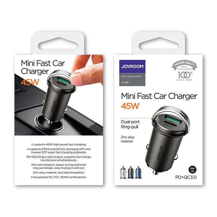 Joyroom 45W Mini 2-port ring-pull fast car charger - GREY