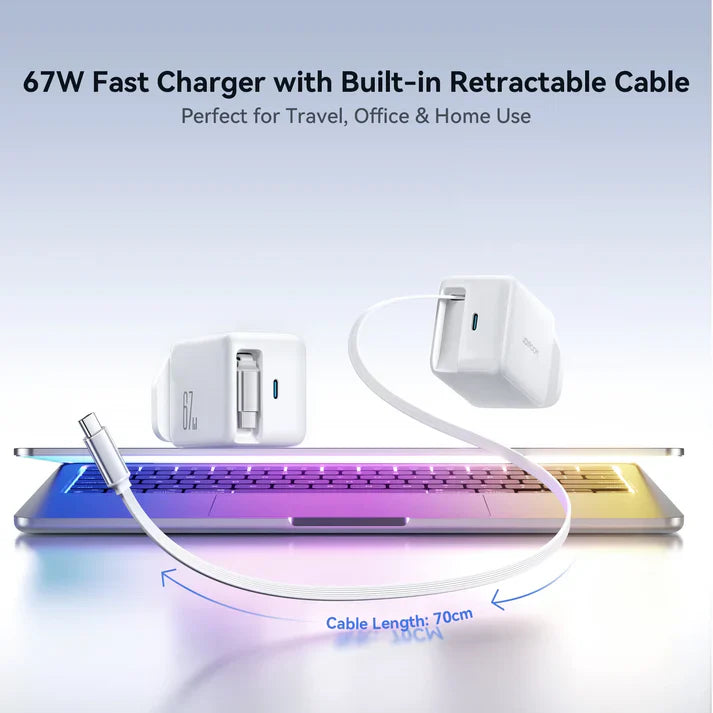Joyroom 67W GaN Fast Charger with Retractable Cable – UK Plug, White