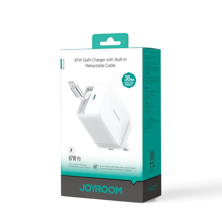 Joyroom 67W GaN Fast Charger with Retractable Cable – UK Plug, White