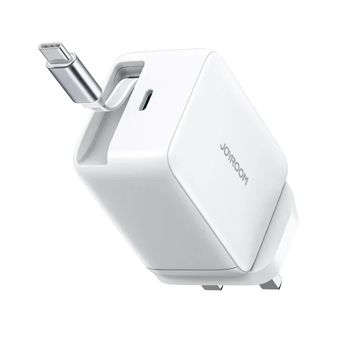 Joyroom 67W GaN Fast Charger with Retractable Cable – UK Plug, White