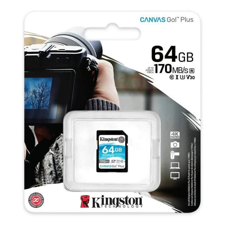 Kingston SD 64GB SDXC Canvas Go Plus 170MB/s Read UHS-I, C10, U3, V30 Memory Card (SDG3/64GB)
