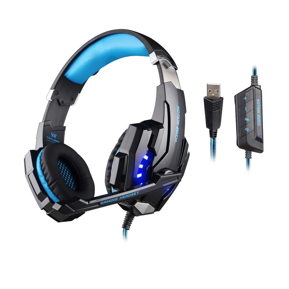 Kotion Each: Over The Ear Wired Headsets With Mic & Led - G9000 Edition For Pc/Ipad/Iphone/Tablets/Mobile Phones (Black/Blue)