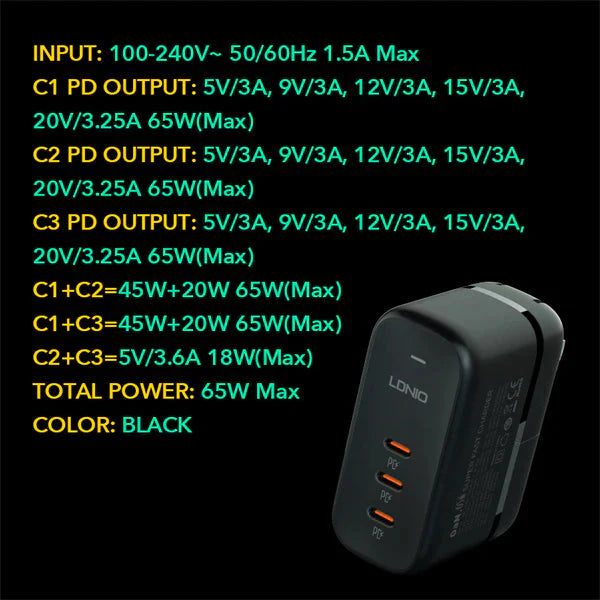 Ldnio Q367 GaN Supper Fast Charger - 65W / Type-C / Black