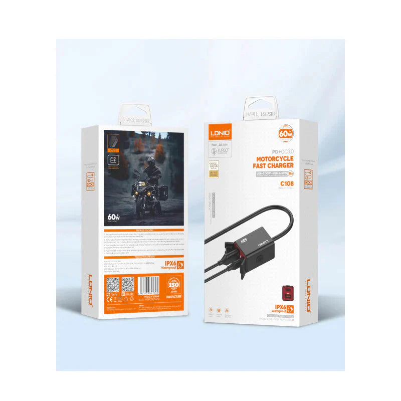 LDNIO C108 Motorcycle Fast Car Charger - 60W / USB-A / Type-C / Black