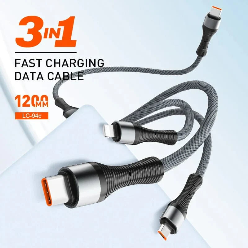 LDNIO LC94C 3-in-1 Fast Charging data Cable - 100W / 1.2 Meter / Type-C / Lightning / Micro USB / Grey