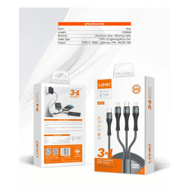 LDNIO LC94C 3-in-1 Fast Charging data Cable - 100W / 1.2 Meter / Type-C / Lightning / Micro USB / Grey