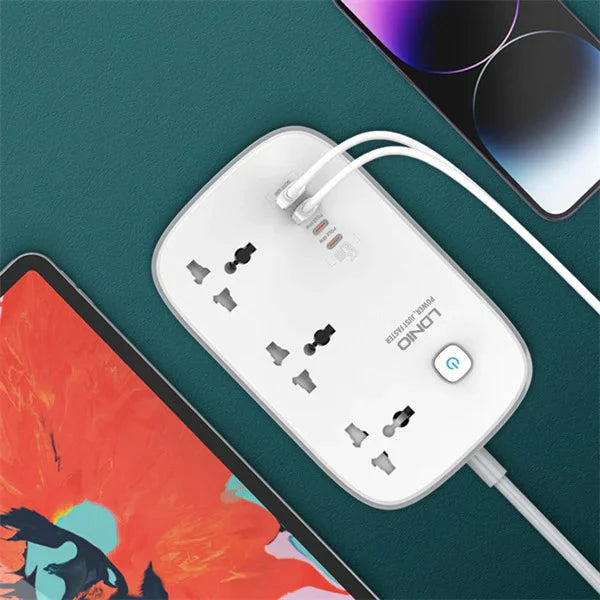 Ldnio 3 Extension Power Socket - 3 Way / USB-A / USB-C / 2 Meter / White/Grey