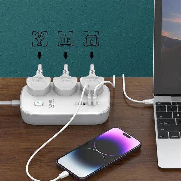 Ldnio 3 Extension Power Socket - 3 Way / USB-A / USB-C / 2 Meter / White/Grey