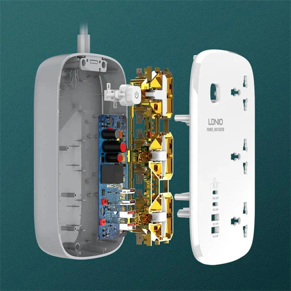 Ldnio 3 Extension Power Socket - 3 Way / USB-A / USB-C / 2 Meter / White/Grey