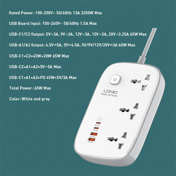 Ldnio 3 Extension Power Socket - 3 Way / USB-A / USB-C / 2 Meter / White/Grey