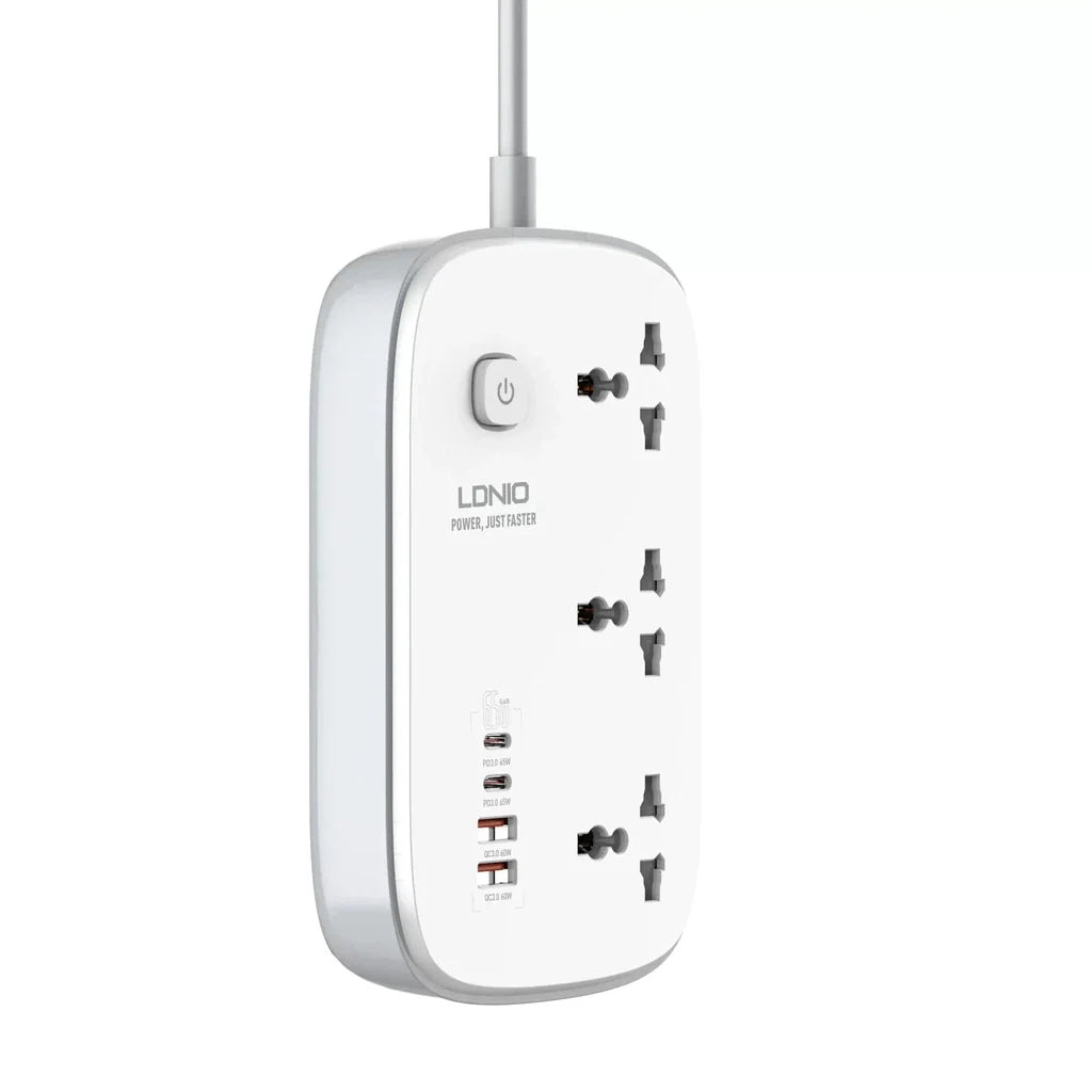 Ldnio 3 Extension Power Socket - 3 Way / USB-A / USB-C / 2 Meter / White/Grey