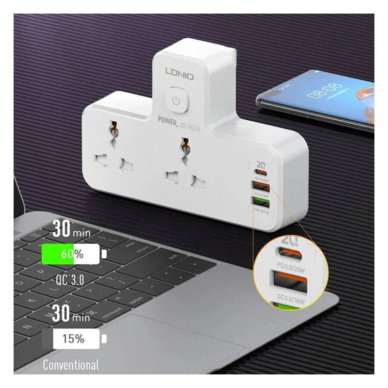 Ldnio 6 in 1 Power socket - 2 Way / USB-C / Night lamp / White