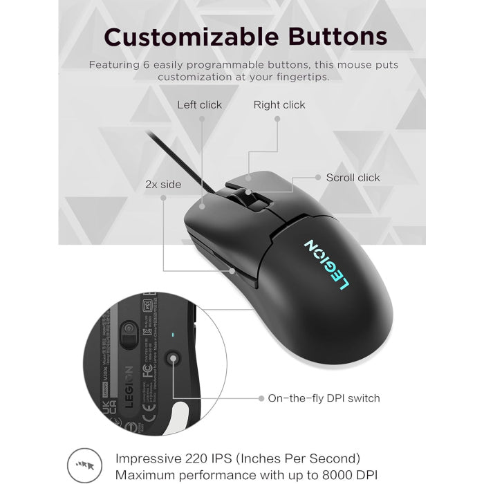 Lenovo M300s RGB Gaming Mouse Ultra Lightweight, Symmetrical Design, 6 Programmable Buttons, 16.8m RGB Logo, Upto 8000 DPI - Black