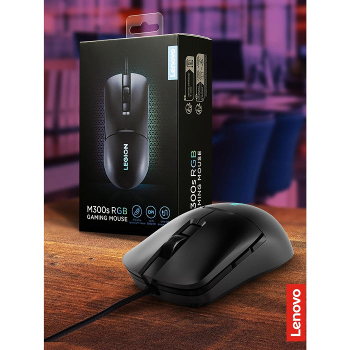 Lenovo M300s RGB Gaming Mouse Ultra Lightweight, Symmetrical Design, 6 Programmable Buttons, 16.8m RGB Logo, Upto 8000 DPI - Black