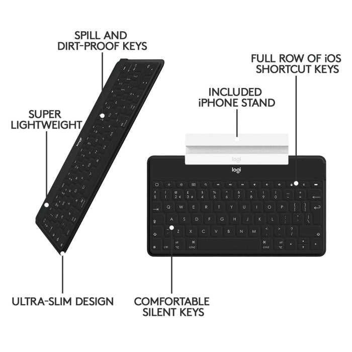 Logitech Keys-To-Go Bluetooth, Ultra-Slim KeyBoard With Add-On Iphone Stand, Spill Proof For iPhone,ipad & Apple Tv