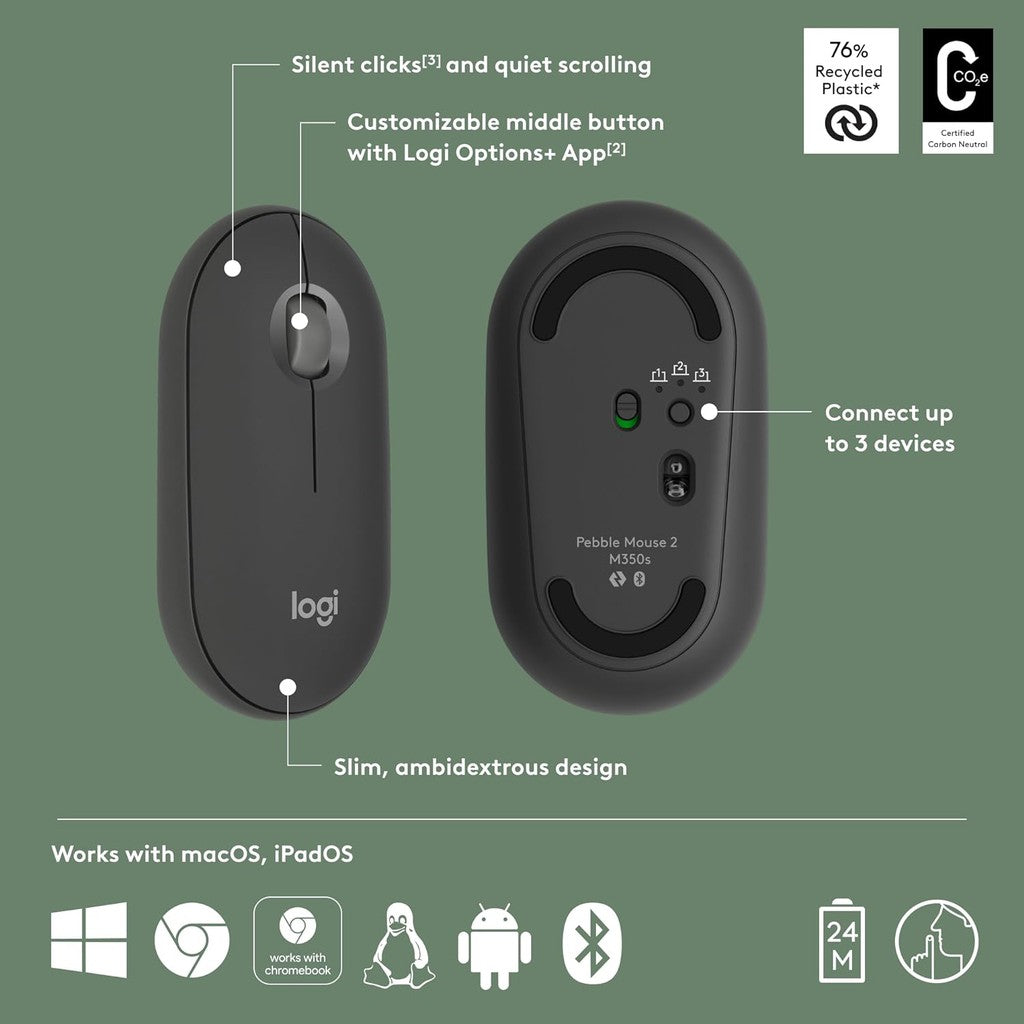Logitech Pebble Mouse 2 M350S / Wireless / Bluetooth Mouse - Tonal Graphite