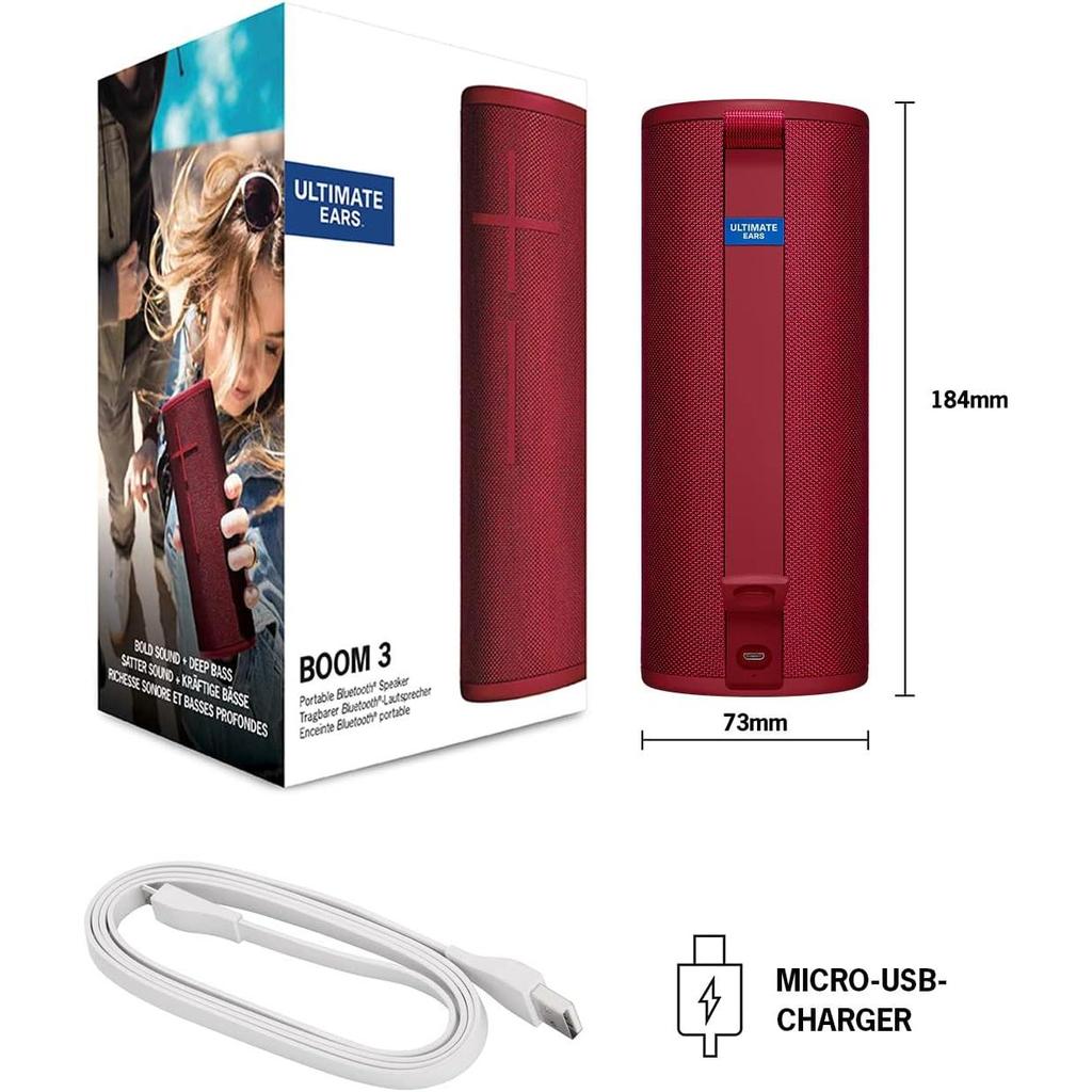 Logitech Ultimate Ear Boom 3 Portable Bluetooth Speaker Water Proof & Dust Proof 360 Sound One touch Music Control - SunSet Red