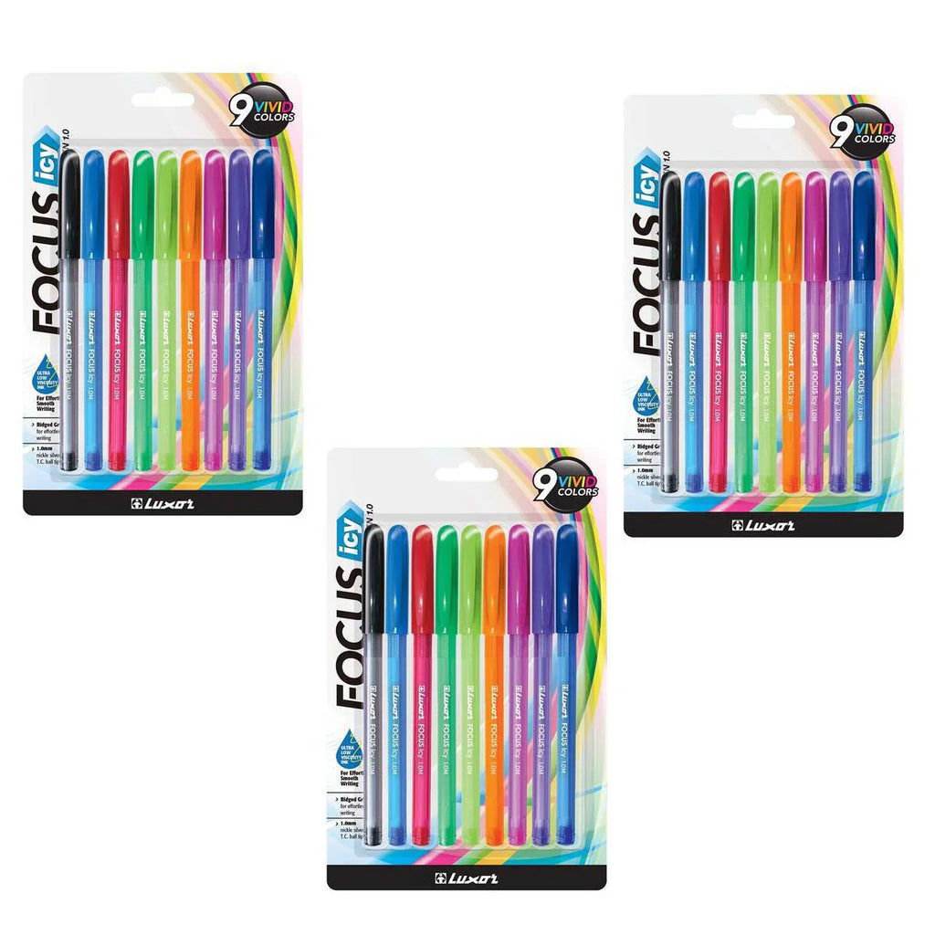 Luxor- Focus Icy Ball Pen 1.0Mm 9 Assorted Pens Set Of 3