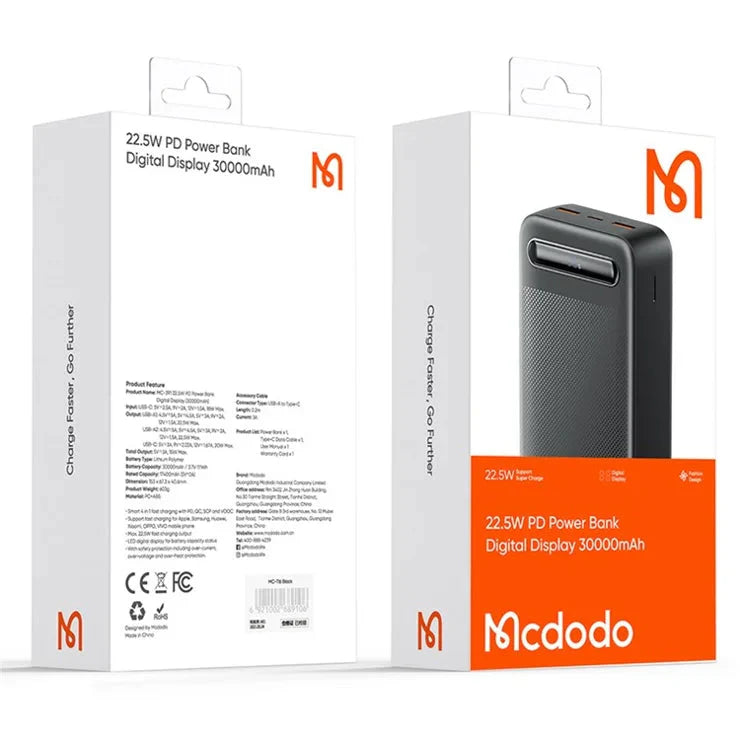 MCDODO 22.5W PD Digital Display Power Bank 30000mAh Portable Phone Charger with 2 USB