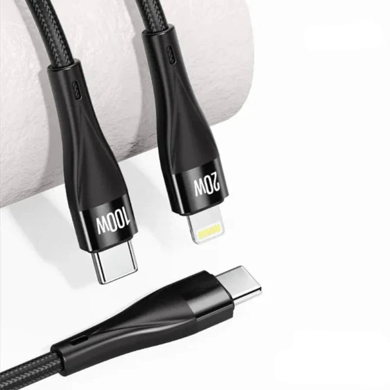 MOXOM 100W 2 In 1 Multi Charging Fast Charger Data Cable Nylon Braided Type-C to Type-C Lightning Data Cable - Black