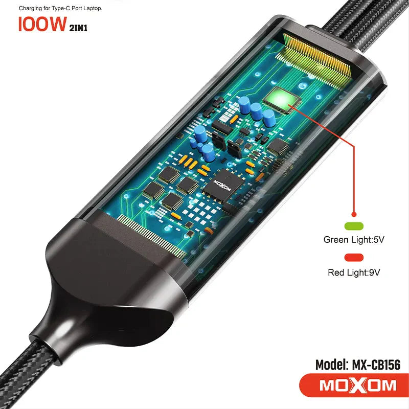 MOXOM 100W 2 In 1 Multi Charging Fast Charger Data Cable Nylon Braided Type-C to Type-C Lightning Data Cable - Black