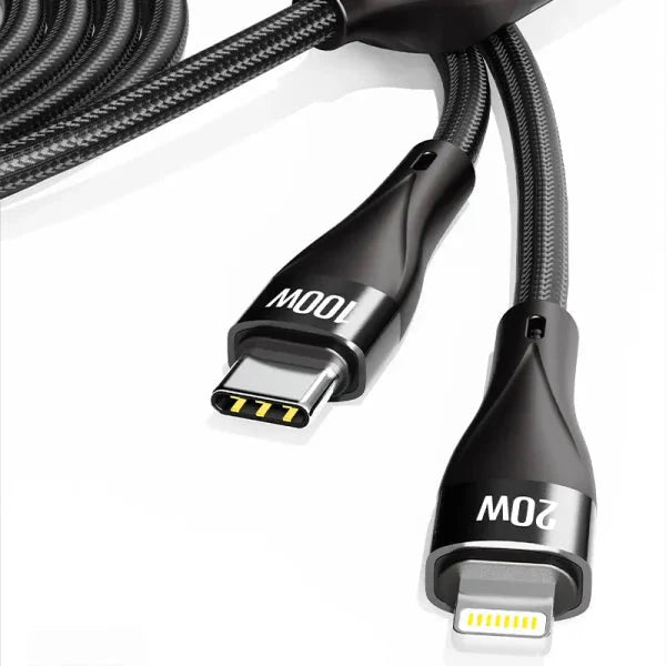 MOXOM 100W 2 In 1 Multi Charging Fast Charger Data Cable Nylon Braided Type-C to Type-C Lightning Data Cable - Black