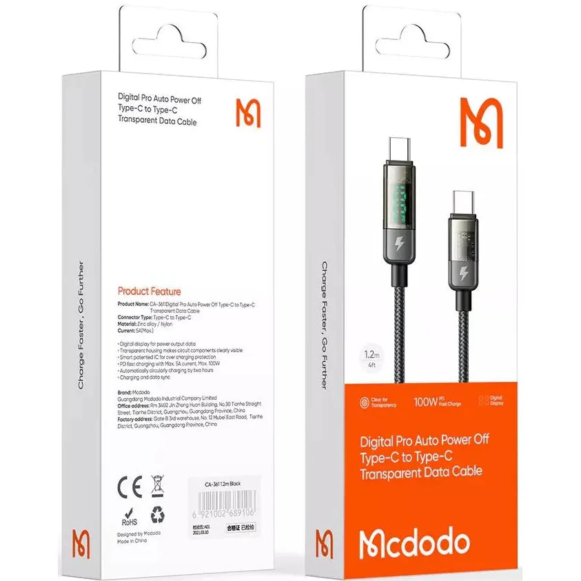 McDodo USB-C to USB-C PD Cable – 100W, 1.2M, Auto Power-Off (Black)