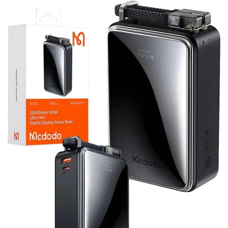 Mcdodo 25000mAh Power Bank with Built-in Cable, 100W Fast Charging & Digital Display