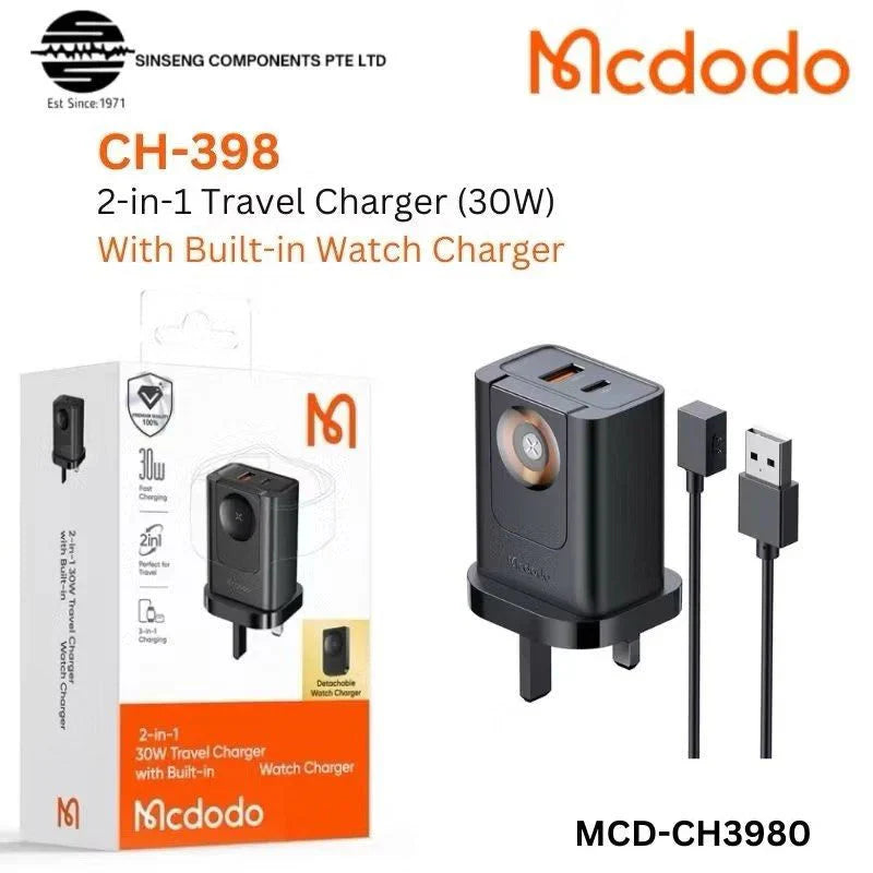 Mcdodo 30W 2-in-1 UK Travel Charger 3Pin USB A + USB C + Watch Charger