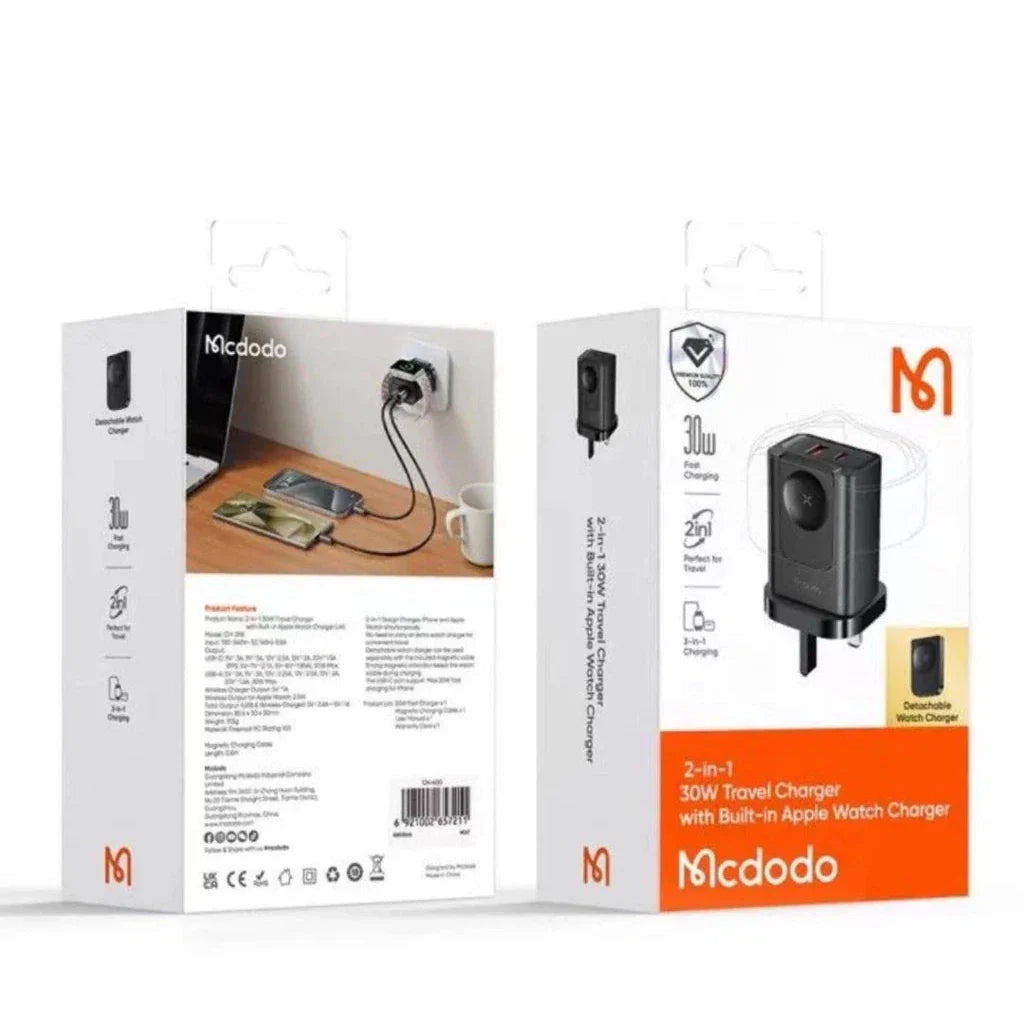 Mcdodo 30W 2-in-1 UK Travel Charger 3Pin USB A + USB C + Watch Charger
