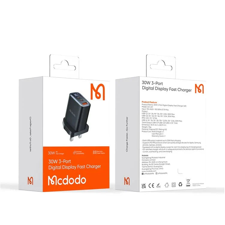 Mcdodo 30W 3-Port Digital Display Fast Charger