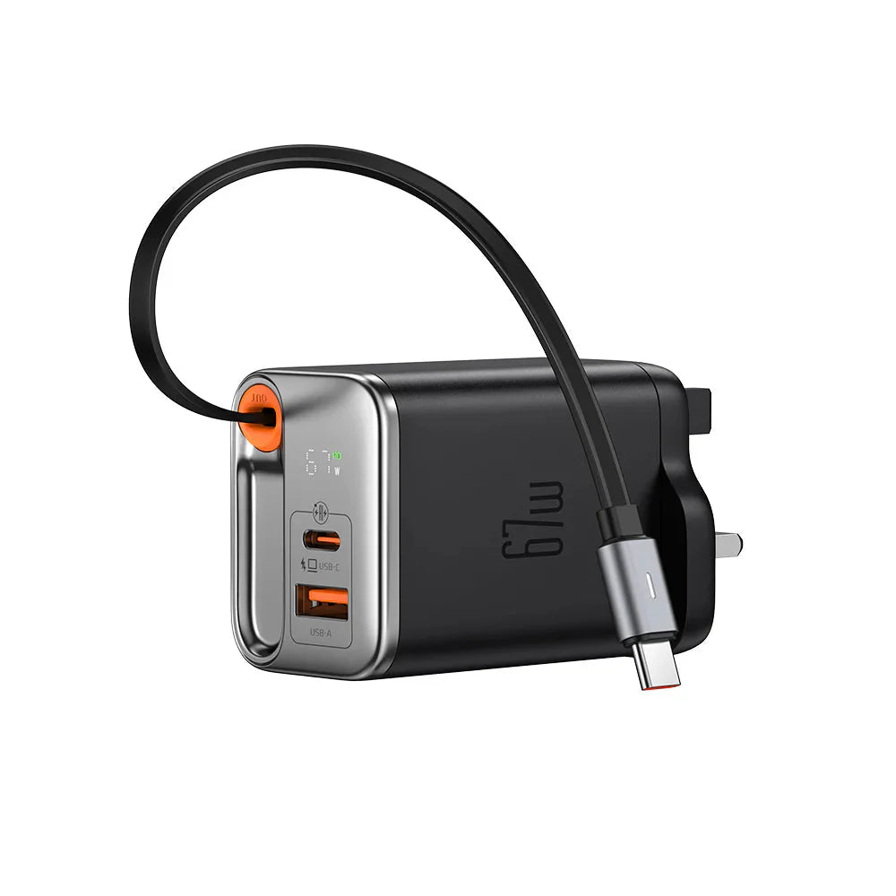 Mcdodo 67W FreeGo GaN UK Travel Charger 3Pin USB A + C + Retractable Type C Cable MCD-CH4090