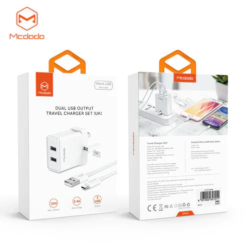 Mcdodo CH-572 Dual USB Charger (UK) + Type-C Cable / Travel Set