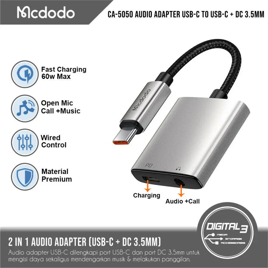 Mcdodo USB C to USB C & AUX 3.5mm Audio Adapter with DAC - Silver