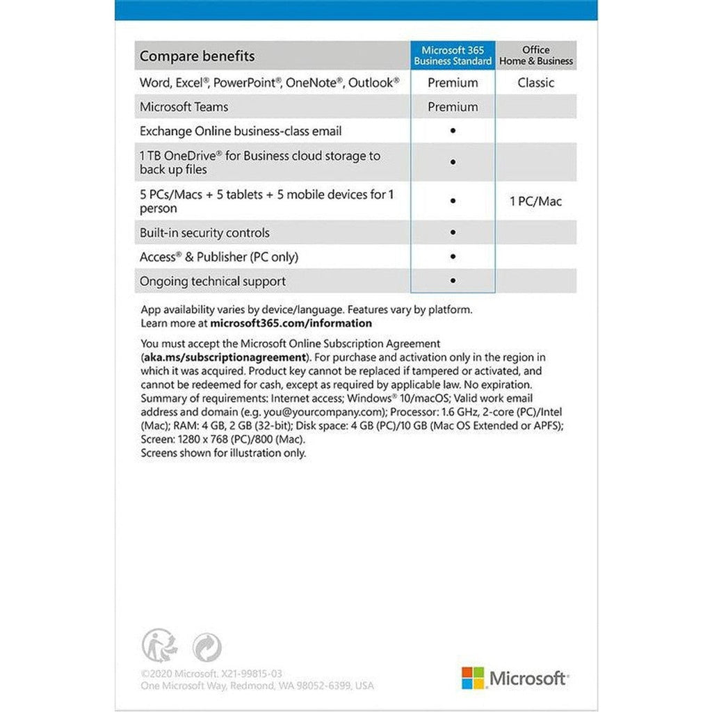 Microsoft Office 365 Business Standard - 1 Person License 1 Year Subscription 32 & 64-Bit Medialess