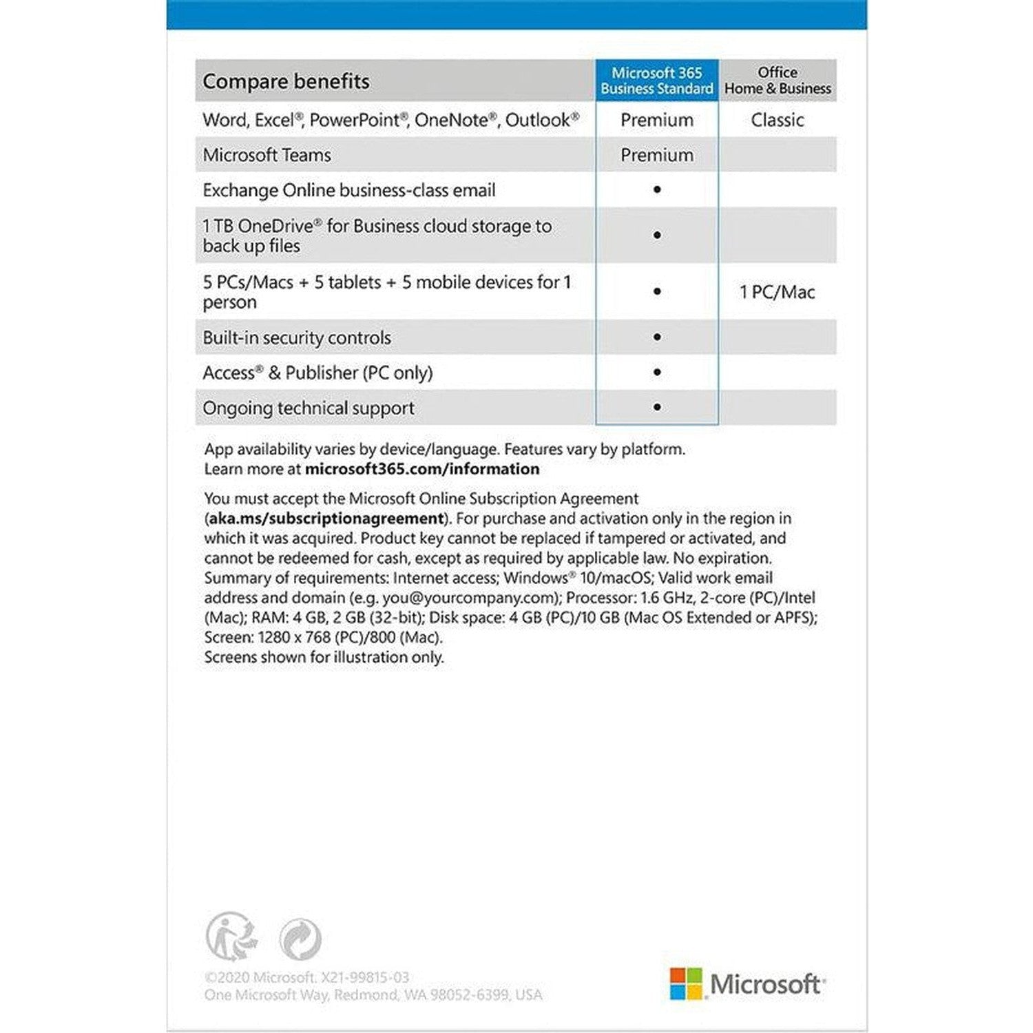 Microsoft Office 365 Business Standard - 1 Person License 1 Year Subscription 32 & 64-Bit Medialess