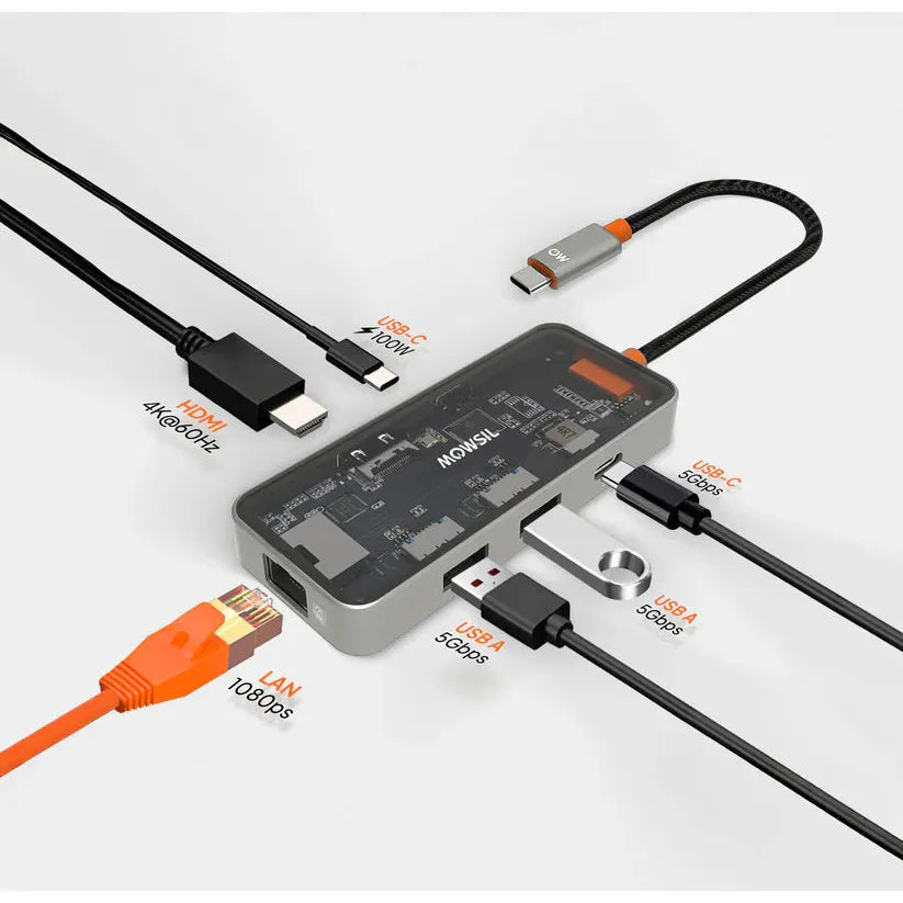 Mowsil 6-in-1 USB-C Hub Docking Station 4K@60Hz HDMI 100W PD RJ45 2×USB 3.0 & USB-C Data MacBook iPad