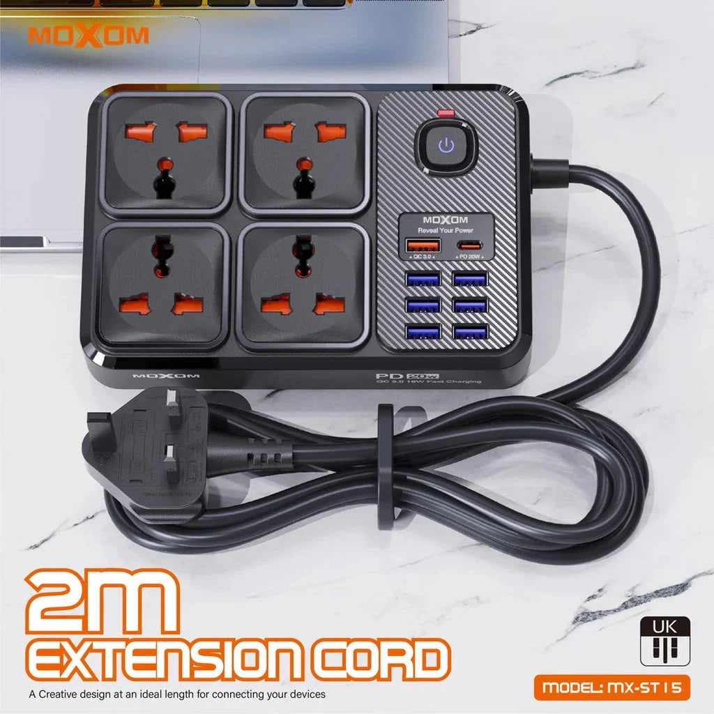 Moxom 12 in 1 2500W Power Strip with Four Triple Sockets - Black