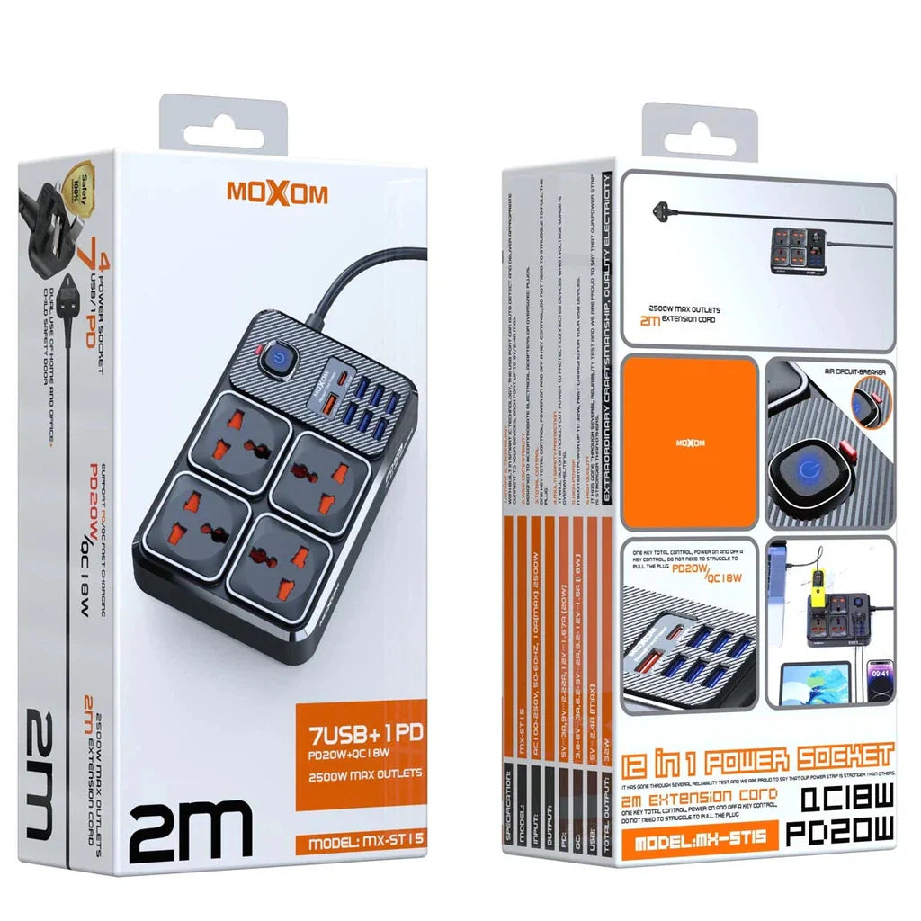 Moxom 12 in 1 2500W Power Strip with Four Triple Sockets - Black