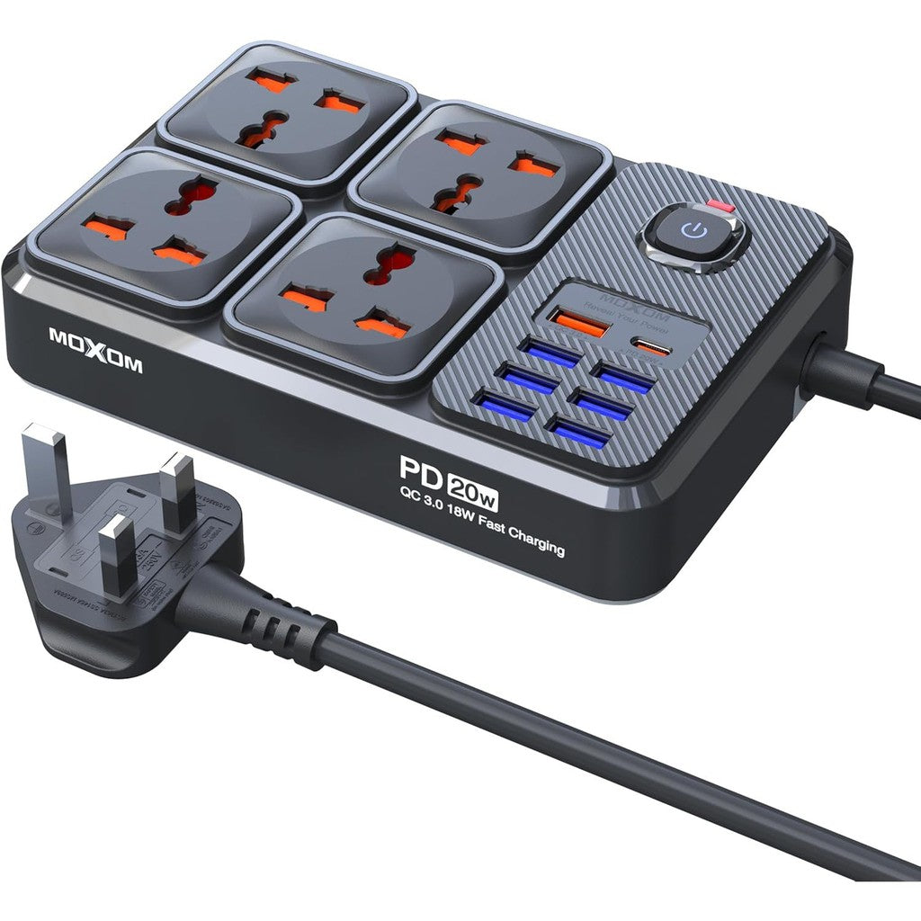 Moxom 12 in 1 2500W Power Strip with Four Triple Sockets - Black