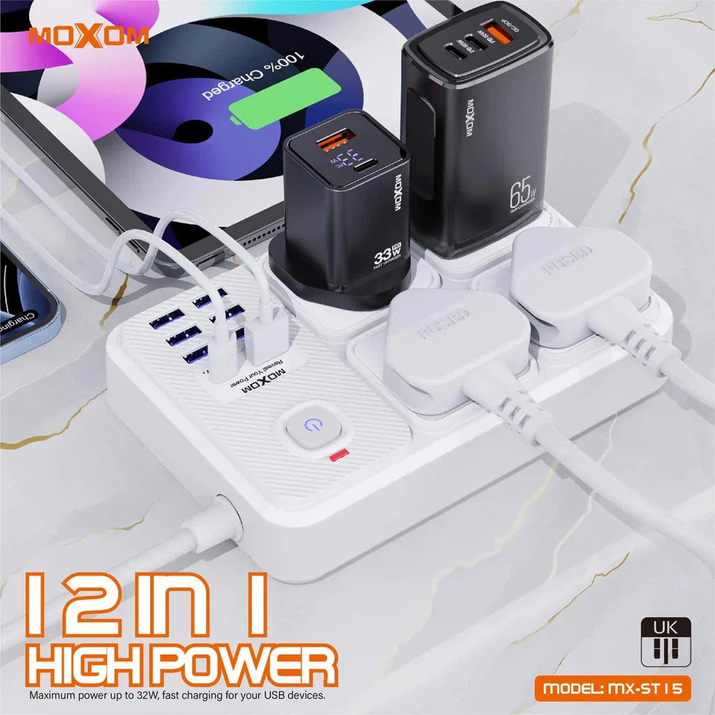 Moxom 12 in 1 2500W Power Strip with Four Triple Sockets - White
