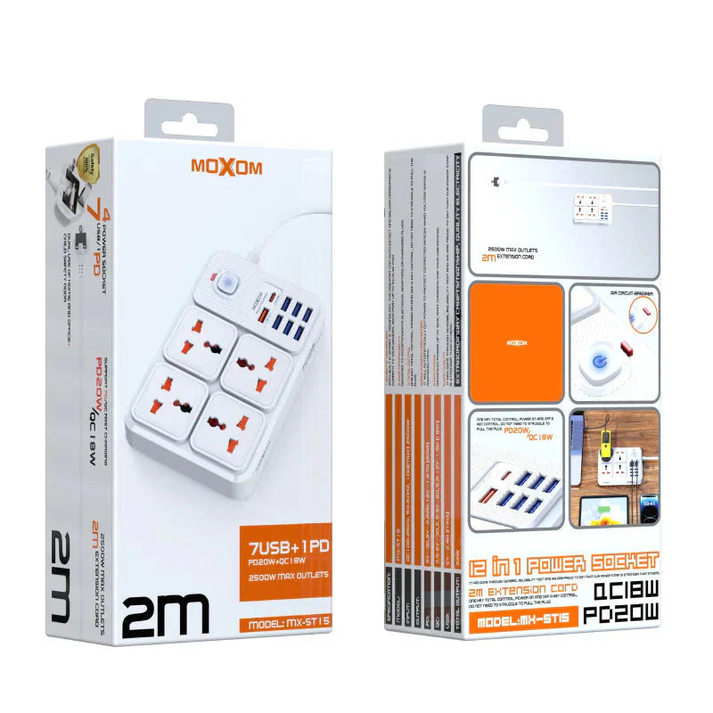 Moxom 12 in 1 2500W Power Strip with Four Triple Sockets - White