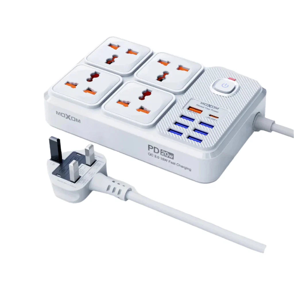 Moxom 12 in 1 2500W Power Strip with Four Triple Sockets - White