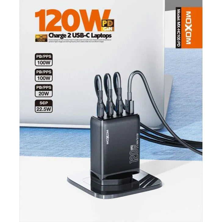 Moxom PD 120W Charge 2 Usb-c Laptops PD GaN 4Ports Fast Charger Support Laptop Tablet Phone Uk Plug