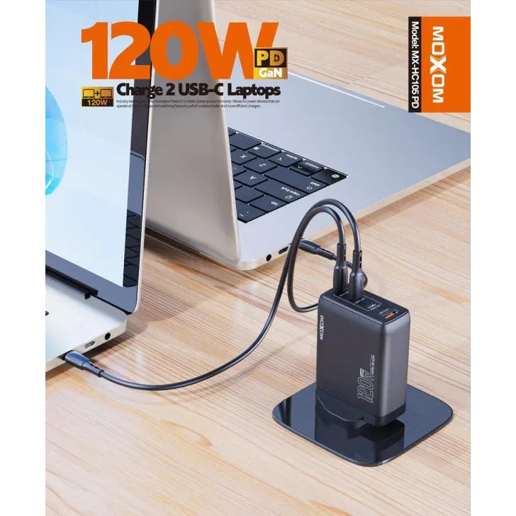 Moxom PD 120W Charge 2 Usb-c Laptops PD GaN 4Ports Fast Charger Support Laptop Tablet Phone Uk Plug