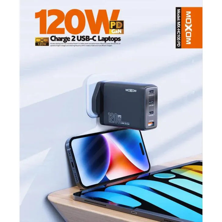 Moxom PD 120W Charge 2 Usb-c Laptops PD GaN 4Ports Fast Charger Support Laptop Tablet Phone Uk Plug