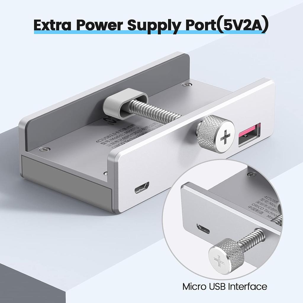 ORICO USB3.0 Hub Extra Power Supply Port 4 Port Clip-Type USB Hub Splitter Station for Laptop/Computer Desk-Upgraded Version
