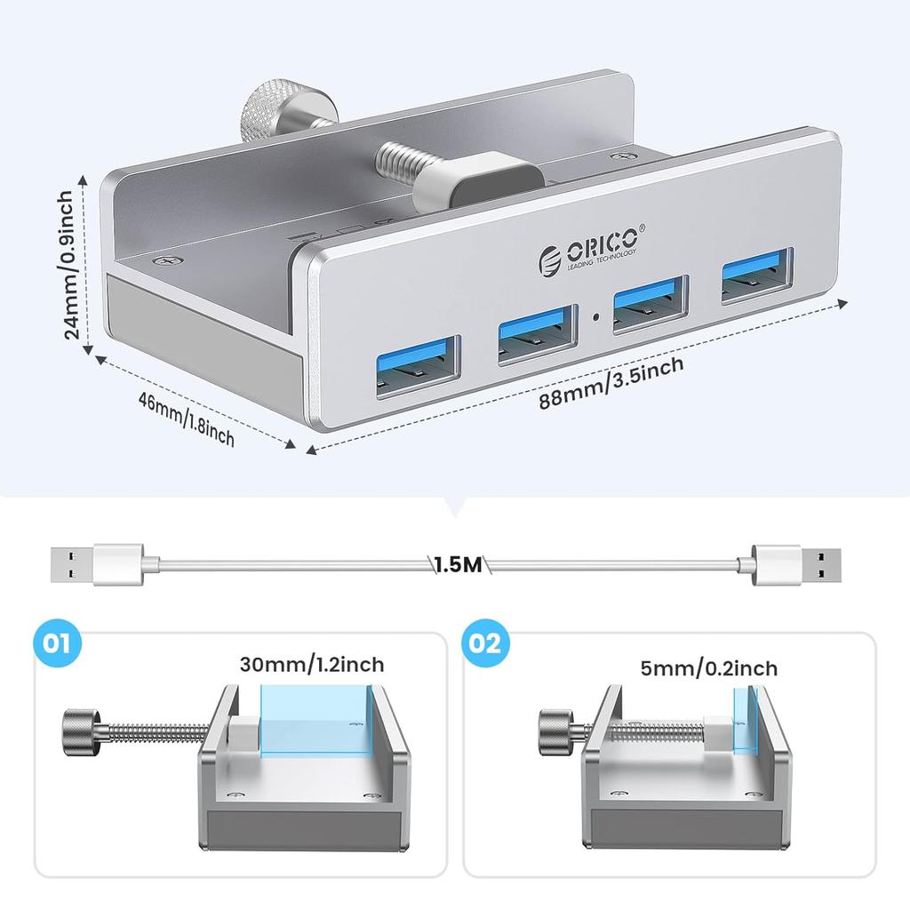 ORICO USB3.0 Hub Extra Power Supply Port 4 Port Clip-Type USB Hub Splitter Station for Laptop/Computer Desk-Upgraded Version